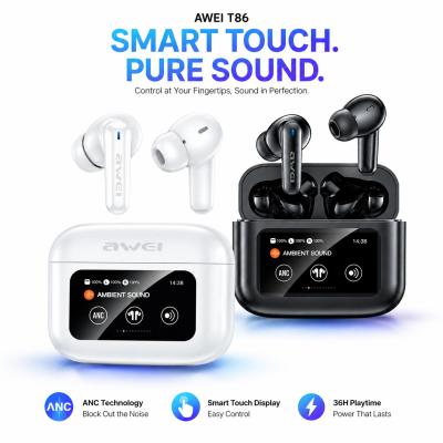 Awei T56 ANC True Wireless Earbuds – Smart LED Touch Screen Charging Case, Bluetooth 5.4, -35dB Active Noise Cancellation & IPX6 Waterproof